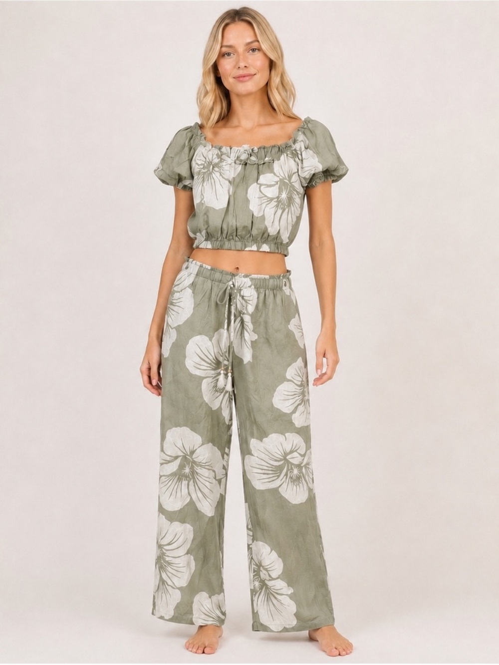 NWT SALTY LEMON Sage Green Tropical Wide Leg Beach Pants Coastal Boho Resort - Picture 10 of 10